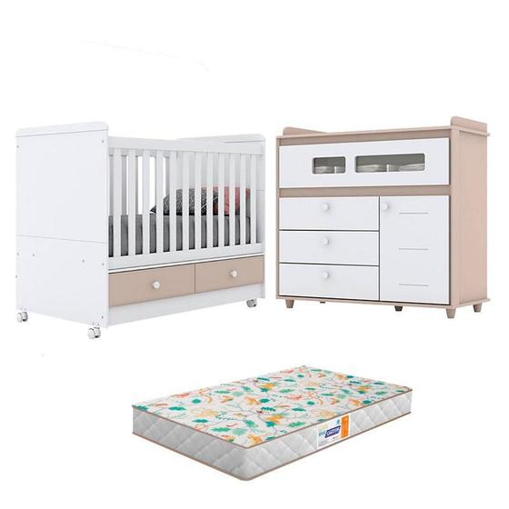 Imagem de Berço Americano e Cômoda Infantil Aquarela Cristal Branco com Colchão Gazin - Henn