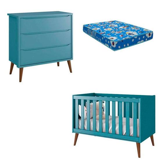 Imagem de Berço Americano e Cômoda Infantil Gaveteiro Theo Azul Pés Amadeirados com Colchão  Reller