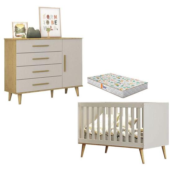 Imagem de Berço Americano e Cômoda Infantil Ludmila Off White Bétula com Colchão Gazin - Carolina Baby