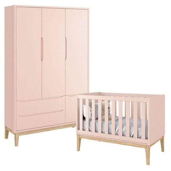 Imagem de Berço Americano E Guarda Roupa Classic 3 Portas Rosa Com Pés Madeira Natural - Reller