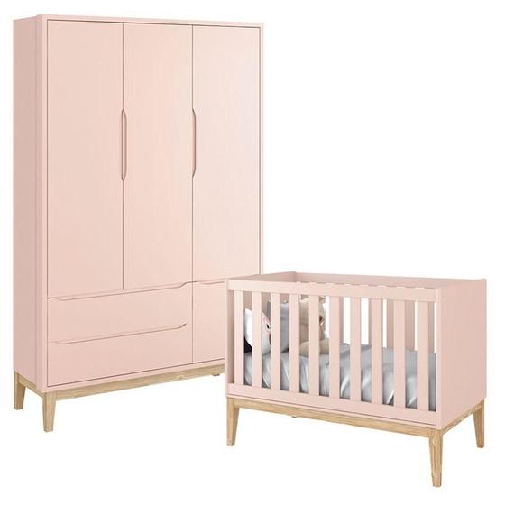 Imagem de Berço Americano e Guarda Roupa Classic 3 Portas Rosa com Pés Madeira Natural - Reller