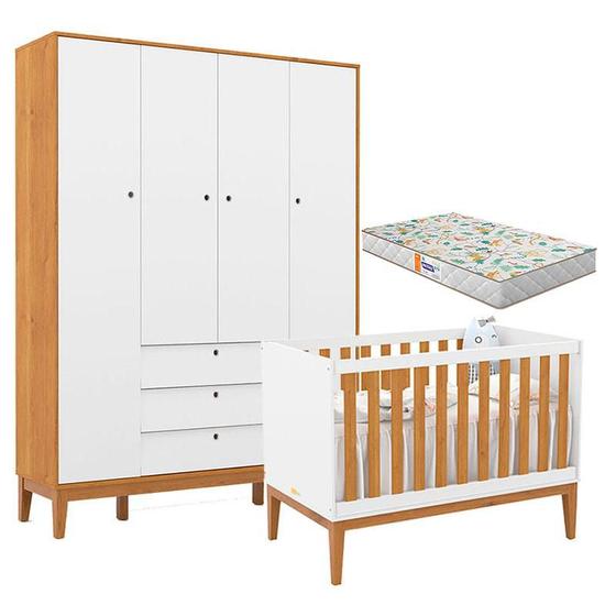 Imagem de Berço Americano e Guarda Roupa Unique 4 Portas Branco Soft Freijó Eco Wood com Colchão Gazin - Matic