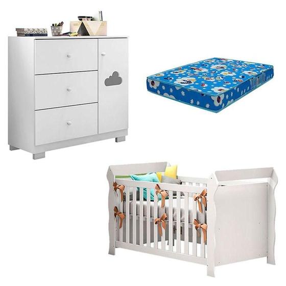 Imagem de Berço Americano Lara E Cômoda Infantil Ane Branco Brilho Com Colchão Ortobom - Phoenix Baby