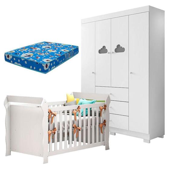 Imagem de Berço Americano Lara e Guarda Roupa Infantil Ane Branco Brilho com Colchão Ortobom  Phoenix Baby