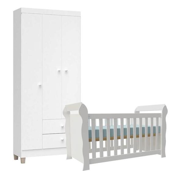 Imagem de Berço Americano Lara e Guarda Roupa Ternura Baby 3 Portas Branco Brilho - Incorplac