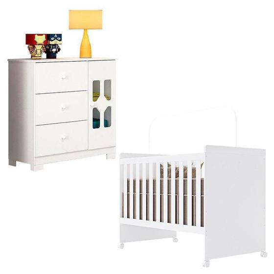 Imagem de Berço Americano Lívia e Cômoda Infantil New Cristal Branco Brilho  Canaã