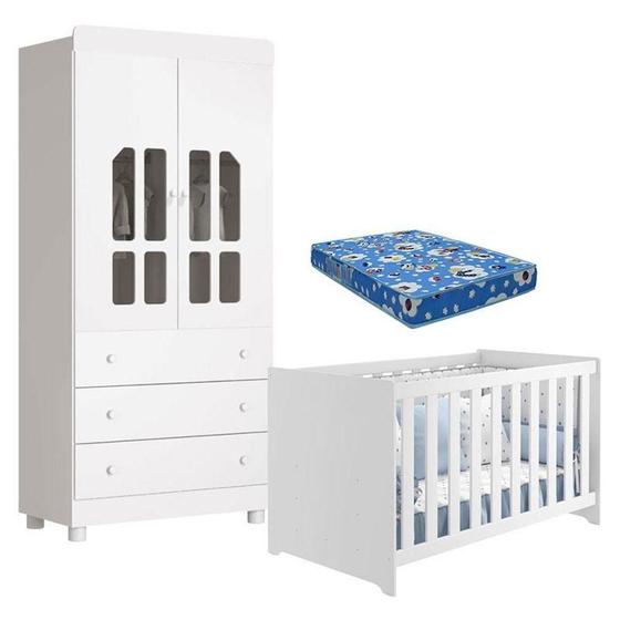 Imagem de Berço Americano Mali E Guarda Roupa Katatau 2 Portas Branco Brilho Com Colchão Ortobom - Reller