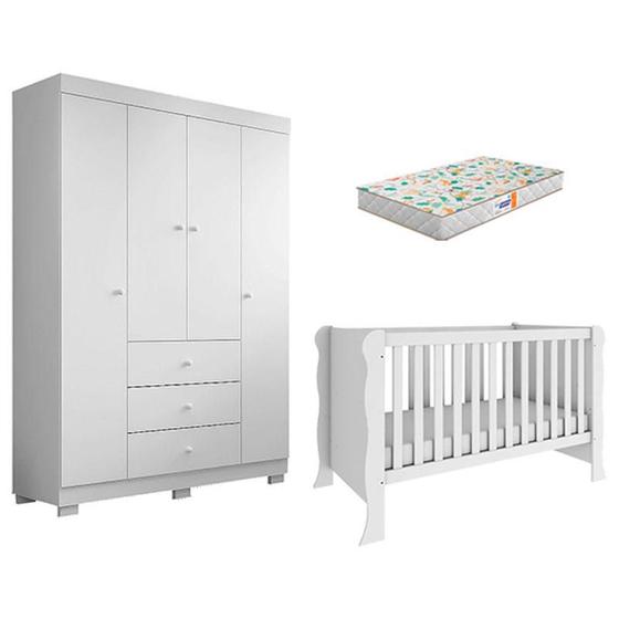 Imagem de Berço Americano Mini Cama Ariel e Guarda Roupa Duda 4 Portas Branco Brilho com Colchão Gazin   Phoenix Baby