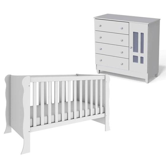 Imagem de Berço Americano Mini Cama com Cômoda Infantil Ariel Branco Brilho  Carolina