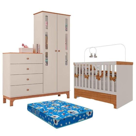 Imagem de Berço Americano Mini Cama Com Gaveta E Guarda Roupa Com Cômoda Antonella Off White Caramelo