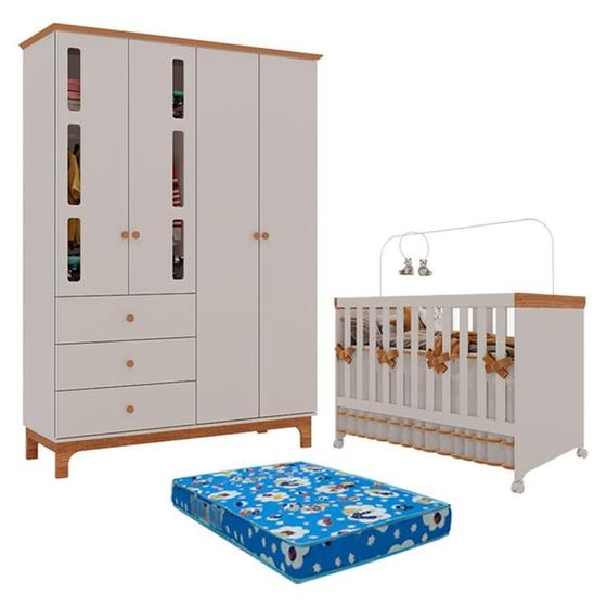 Imagem de Berço Americano Mini Cama e Guarda Roupa Infantil Antonella 4 Portas Off White Caramelo com Colchão Ortobom - Canaã