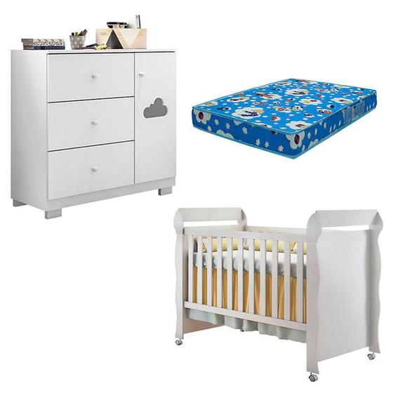 Imagem de Berço Americano Mirelle e Cômoda Infantil Ane Branco Brilho com Colchão Ortobom  Phoenix Baby