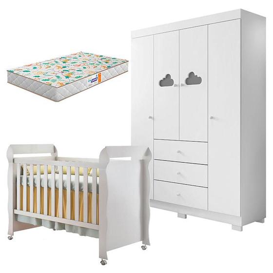 Imagem de Berço Americano Mirelle e Guarda Roupa Infantil Ane Branco Brilho com Colchão Gazin  Phoenix Baby