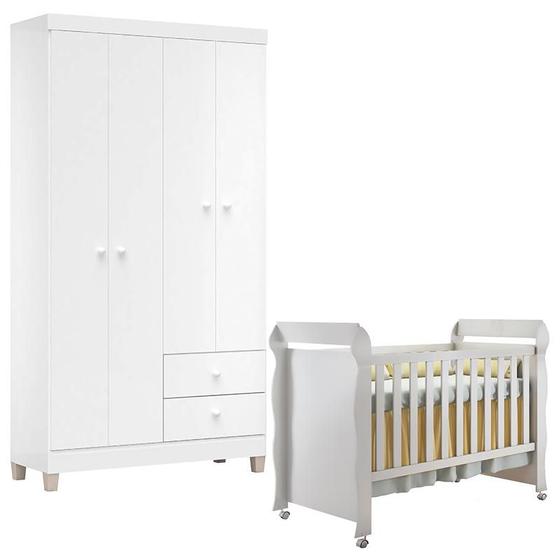 Imagem de Berço Americano Mirelle e Guarda Roupa Ternura Baby 4 Portas Branco Brilho - Incorplac