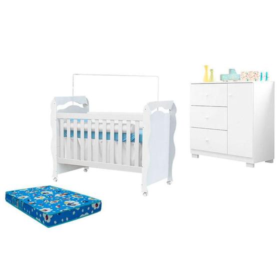 Imagem de Berço Americano New Nanda e Cômoda Infantil Duda Branco Brilho com Colchão Ortobom  Phoenix Baby