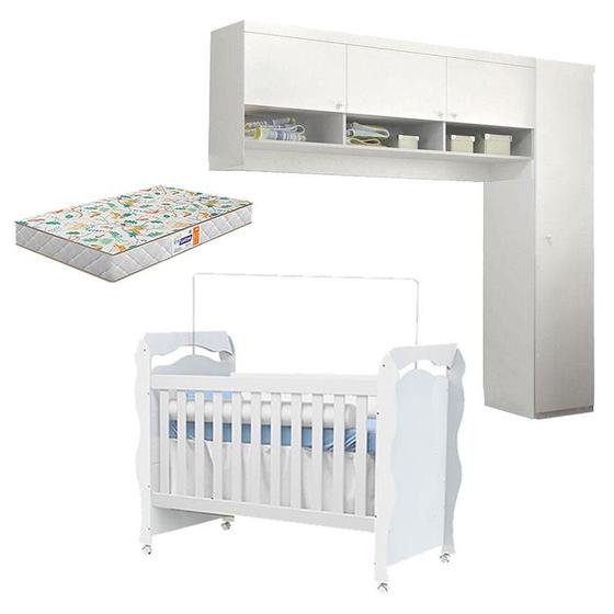 Berço Americano New Nanda Guarda Roupa Eloisa 1 Porta com Módulo Aéreo Branco Brilho e Colchão Gazin - Phoenix Menor preço em Berço Americano New Nanda Guarda Roupa Eloisa 1 Porta com Módulo Aéreo Branco Brilho e Colchão Gazin - Phoenix