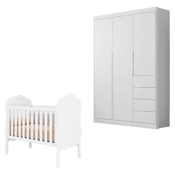 Imagem de Berço Americano Realeza e Guarda Roupa Infantil Eloá Branco Acetinado - Phoenix Baby