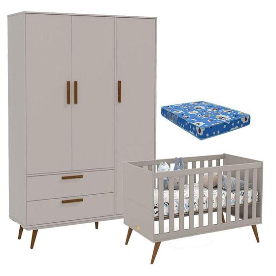 Imagem de Berço Americano Retrô Gold e Guarda Roupa 3 Portas Retrô Cinza Soft Eco Wood com Colchão Ortobom  Matic