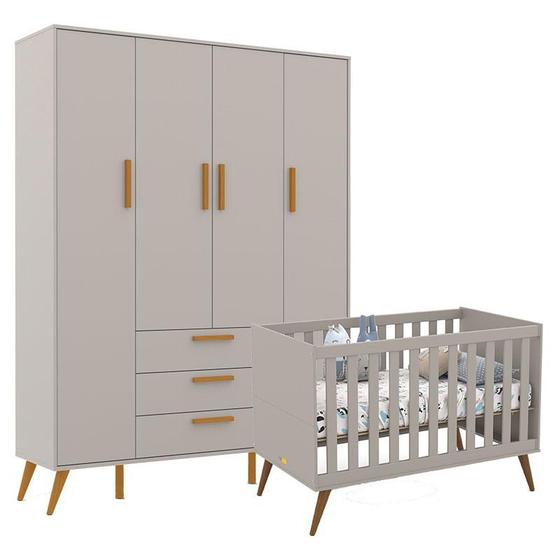 Imagem de Berço Americano Retrô Gold e Guarda Roupa 4 Portas Retrô Cinza Soft Eco Wood  Matic