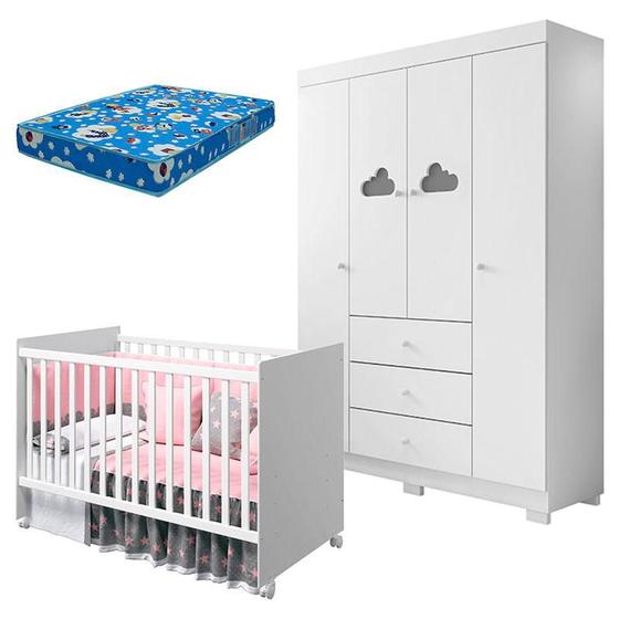 Imagem de Berço Americano Tico e Guarda Roupa Infantil Ane Branco Brilho com Colchão Ortobom  Phoenix Baby