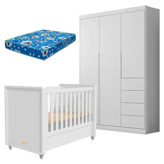 Imagem de Berço Americano Tutto New e Guarda Roupa Infantil Eloá Branco Acetinado com Colchão Ortobom  Phoenix Baby