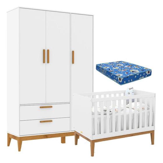 Imagem de Berço Americano Unique e Guarda Roupa 3 Portas Nature Branco Soft Eco Wood  e Colchão Ortobom  Matic