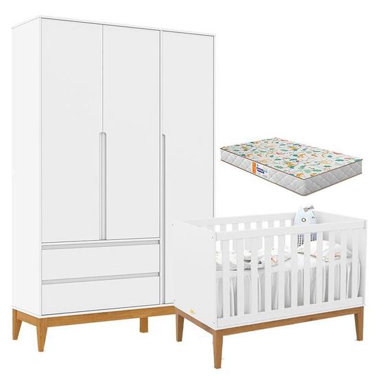 Imagem de Berço Americano Unique e Guarda Roupa 3 Portas Nature Clean Branco Soft Eco Wood com Colchão Gazin  Matic