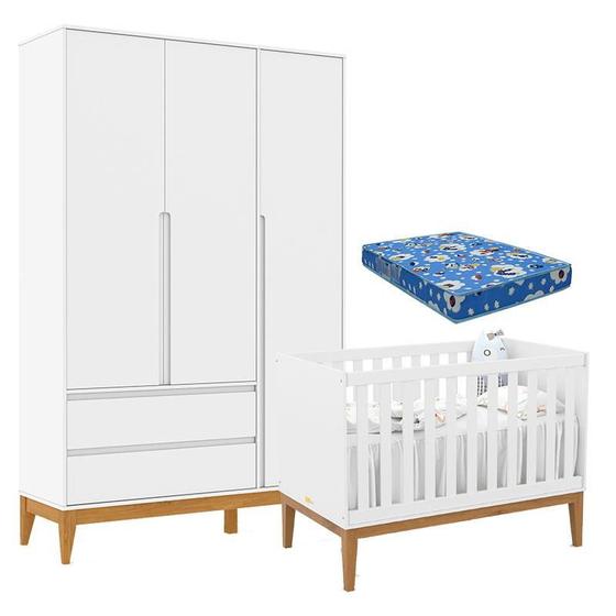 Imagem de Berço Americano Unique e Guarda Roupa 3 Portas Nature Clean Branco Soft Eco Wood  e Colchão Ortobom  Matic