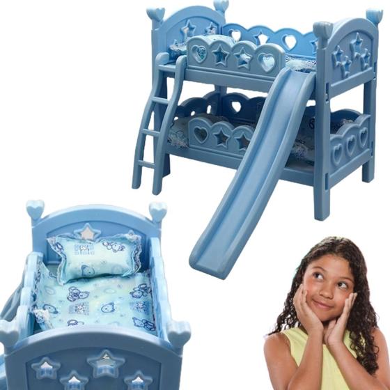 Imagem de Berço Beliche Cama De Brinquedo Para Boneca Com Escorregador Escada E Colchão