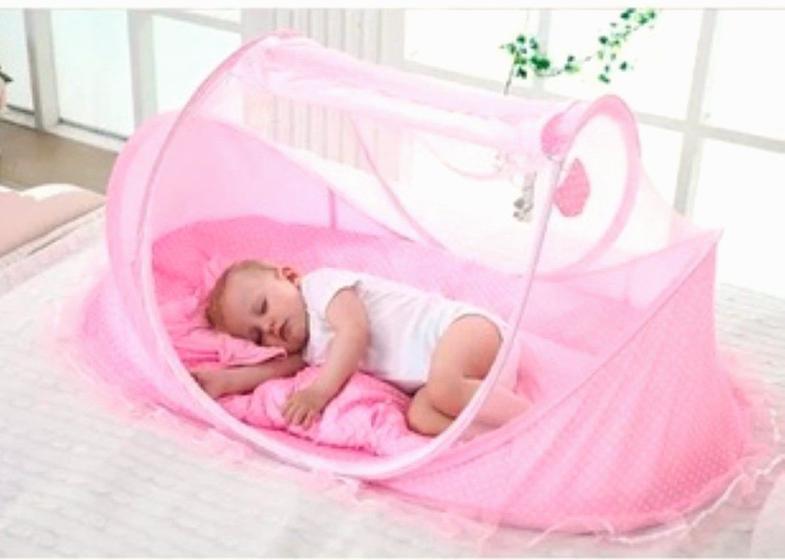 Imagem de Berço Cama Rosa, para Bebês com Mosqueteiro, Tenda Cercadinho Portátil Caminha de Bebes