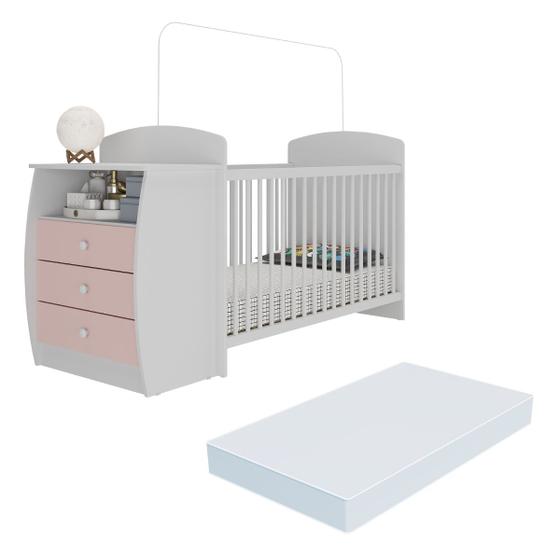 Imagem de Berço Cômoda Multifuncional Colinho de mãe com colchão incluso Multimóveis Branco / Rosa