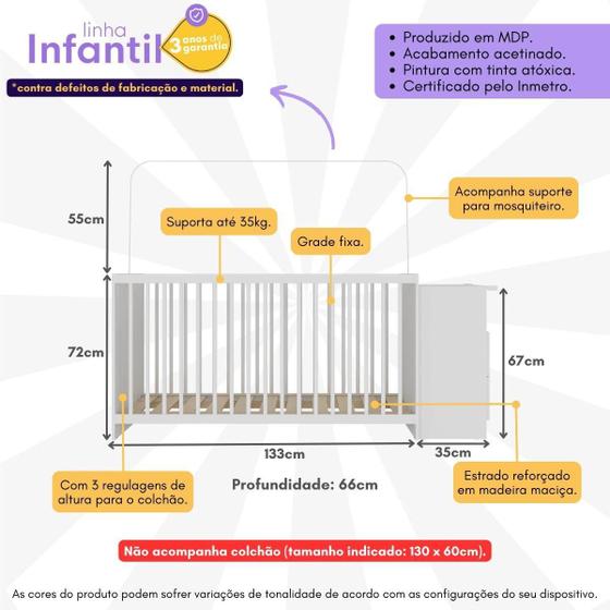 Berço Cômoda para Colchão 60x130cm com 3 ANOS de Garantia Beijinho Multimóveis BB2870
