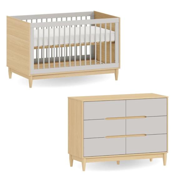 Imagem de Berço e Cômoda para Quarto Infantil Quater Linha Tomi Cinza com Carvalho