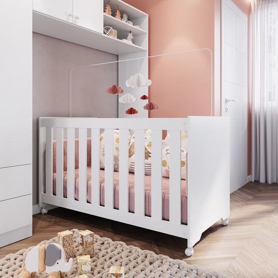 Imagem de Berço Infantil com Colchão Rodízios Bebê Aconchego 3 Regulagens de Altura 3 em 1 Elegante Branco
