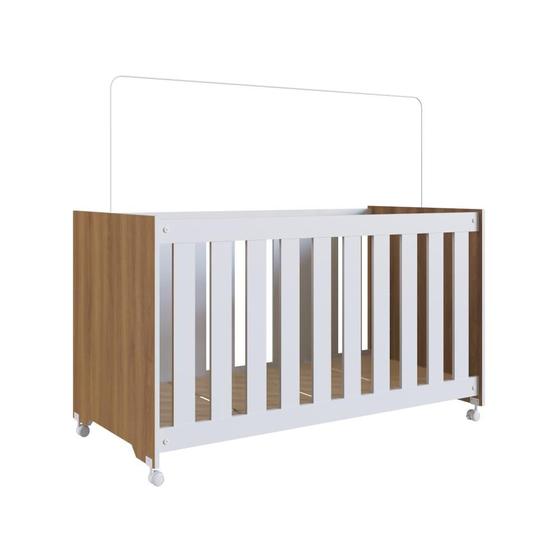 Imagem de Berço Infantil Simples com Rodas, Colchão, Regulagem de Altura e Grade MDF 133cm Nogal com Branco