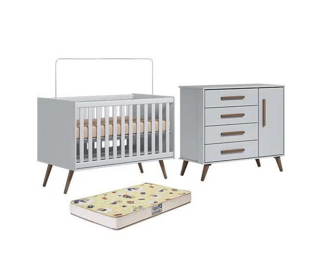 Imagem de Berço Mini Cama 3820 com Colchão e Cômoda 3825 Encanto Retrô Cinza Qmovi