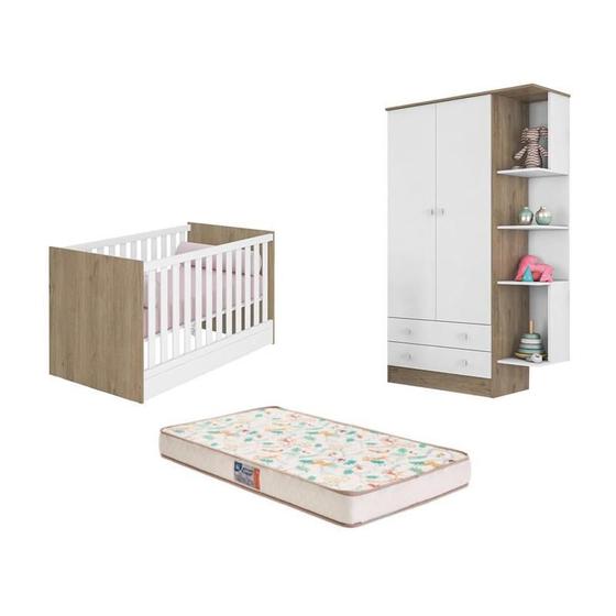 Imagem de Berço Mini Cama Americano Doce Sonho com Colchão Gazin e Guarda Roupa Infantil com Nicho Doce Carvalho/Branco - FdECOR