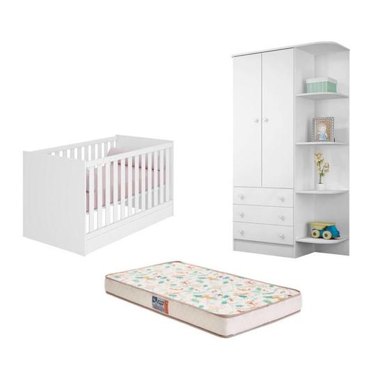 Imagem de Berço Mini Cama Americano Doce Sonho com Colchão Gazin Guarda Roupa Infantil com Cantoneira Doce Sonho Branco - FdECOR