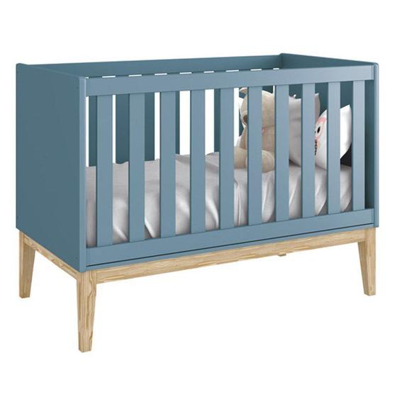 Imagem de Berço Mini Cama Classic Azul Fosco com Pés Madeira Natural - Reller Móveis