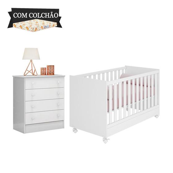 Imagem de Berço Mini Cama E Cômoda Doce Sonho Branco Com Colchão E Rodízios Qmovi