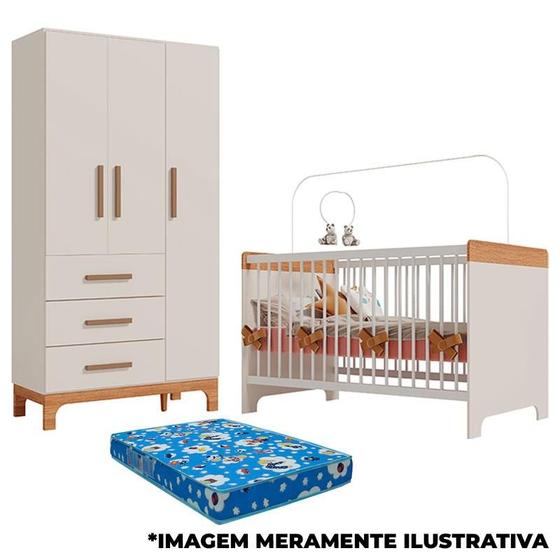 Imagem de Berço Mini Cama e Guarda Roupa Infantil Pega Pega 3 Portas Off White Caramelo com Colchão - Canaã