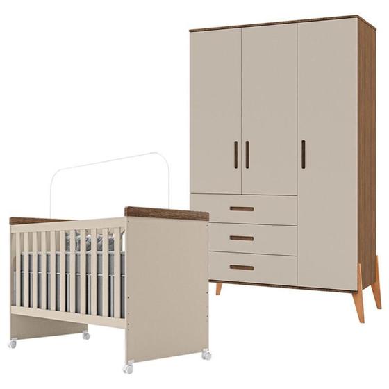 Imagem de Berço Mini Cama Lívia com Guarda Roupa Infantil Emilly 3 Portas Off White Carvalho - Canaã