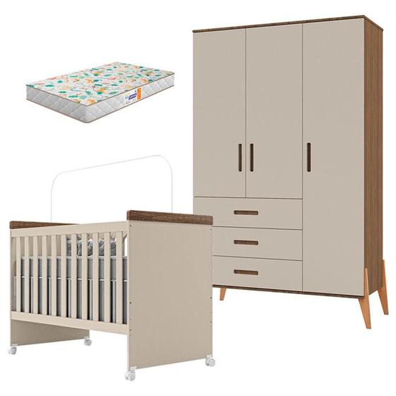 Imagem de Berço Mini Cama Lívia e Guarda Roupa Infantil Emilly 3 Portas Off White Carvalho com Colchão Gazin - Canaã