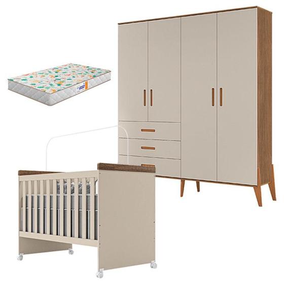 Imagem de Berço Mini Cama Lívia e Guarda Roupa Infantil Emilly 4 Portas Off White Carvalho com Colchão Gazin - Canaã