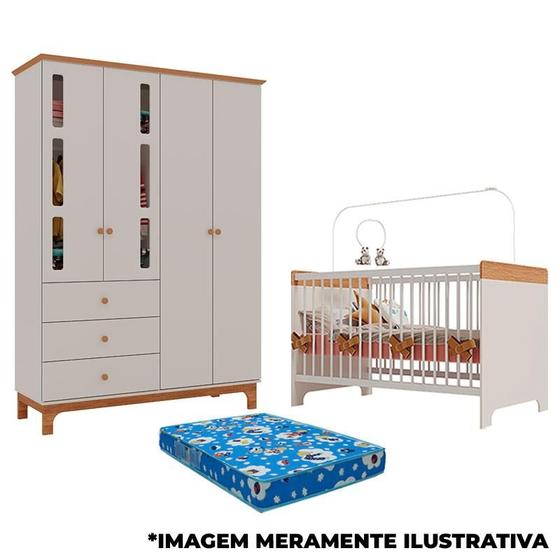 Imagem de Berço Mini Cama Pega Pega e Guarda Roupa Antonella 4 Portas Off White Caramelo com Colchão - Canaã