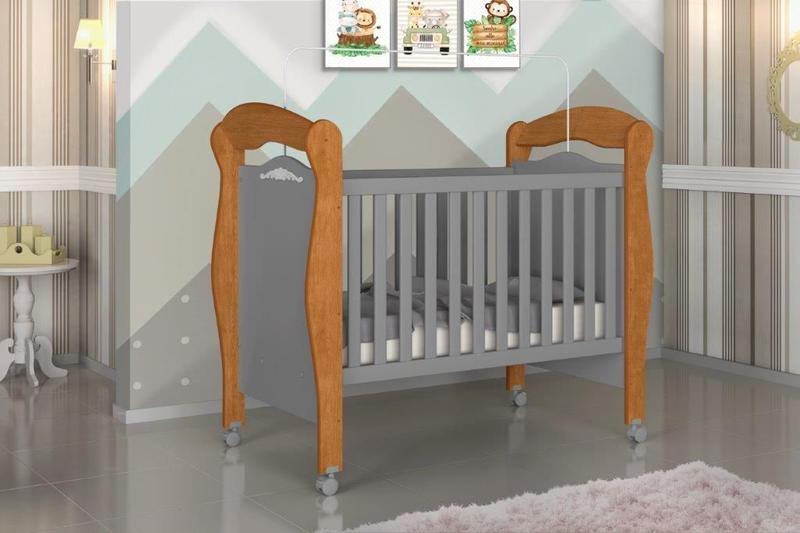 Imagem de Berço Mini Cama PIMP 3 em 1 Com Suporte Para Véu e Rodízios Cor Nature/Cinza