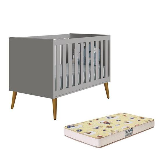 Imagem de Berço Mini Cama Theo Retrô Cinza Fosco com Pés Amadeirado e Colchão D18 - Reller Móveis