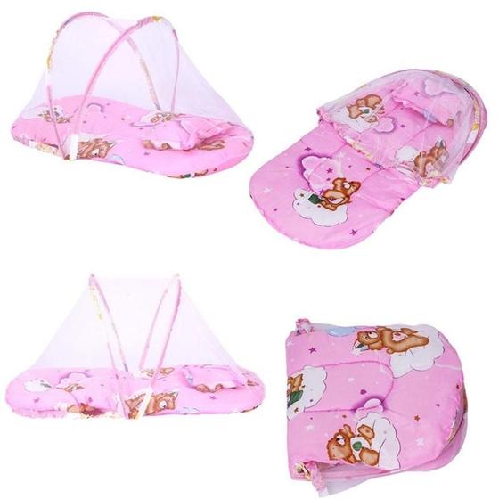 Imagem de Berço mosquiteiro infantil para o bebê rosa com colchonete cama dobrável 