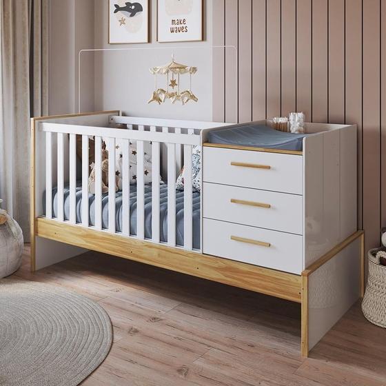 Imagem de Berço Multifuncional 4 em 1 com 3 Gavetas Yan 100% Mdf Espresso Móveis Branco Brilho/Amêndoa