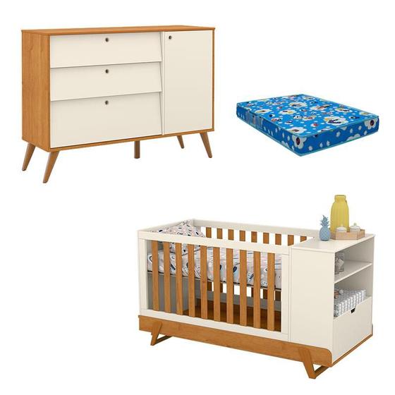 Imagem de Berço Multifuncional Bkids com Cômoda Infantil Gold Freijó Off White Eco Wood e Colchão  Matic